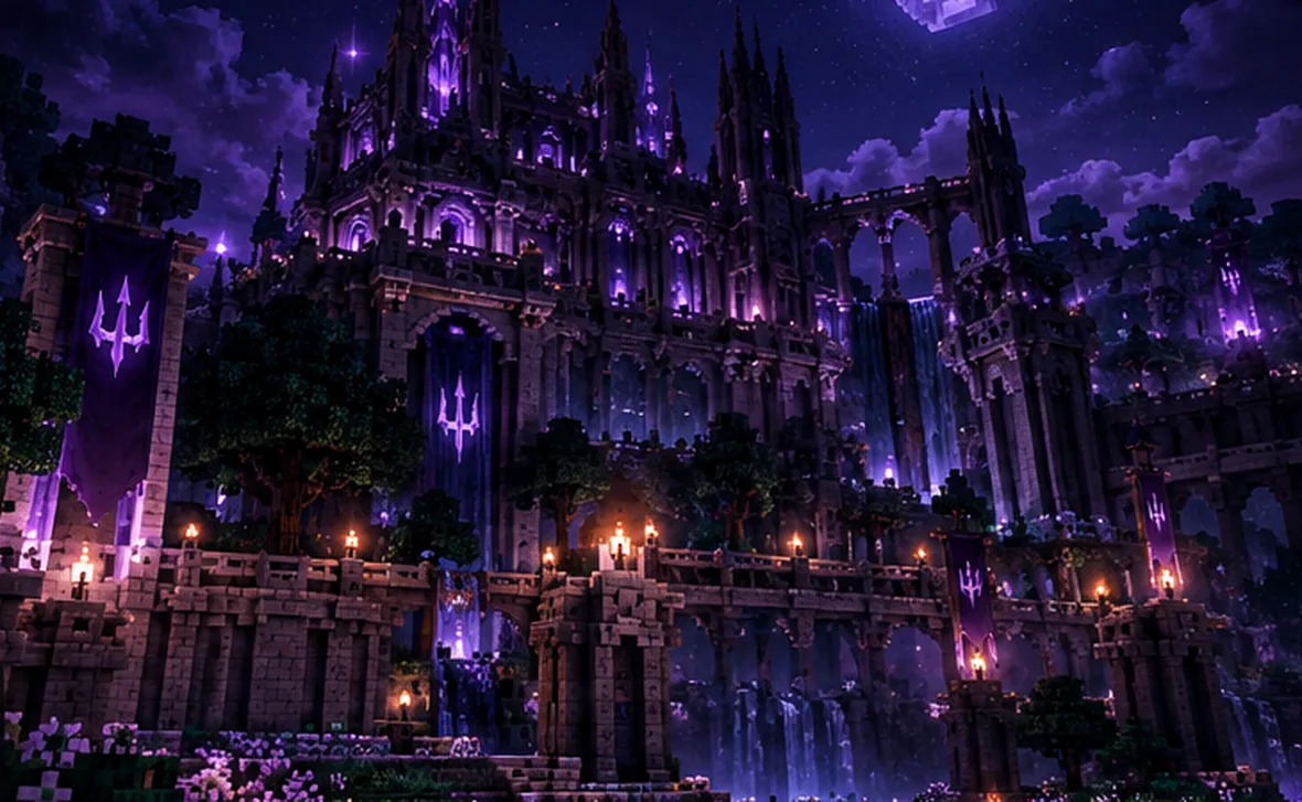 Concept artistico di un'imponente fortezza Minecraft illuminata di viola